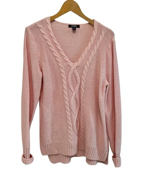 Chaps Pink Cable Knit Sweater Silver Metallic Thread Size Large - Picture 1 of 9